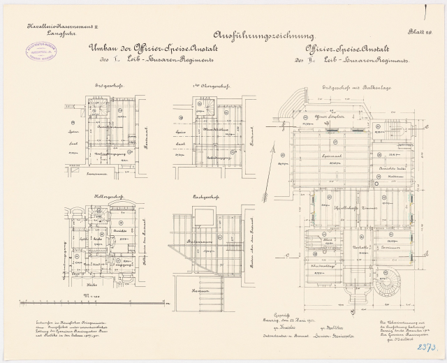 Schwarzes und weißes architektonisches Grundrissbild des ehemaligen Bundeskanzleramts in der Bundesrepublik Deutschland, das detaillierte Layout und Textanmerkungen zeigt.