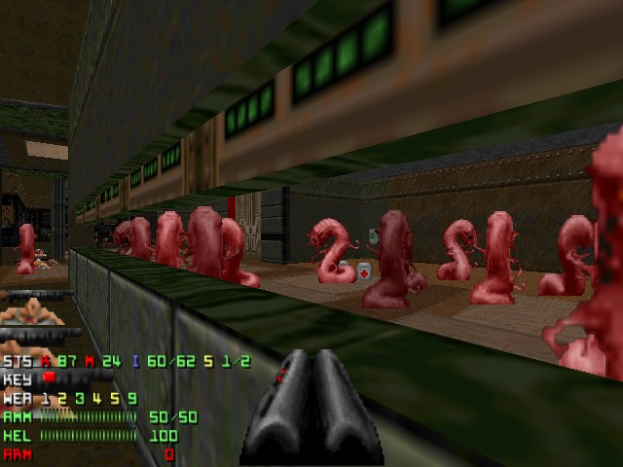 Animierter Screenshot aus dem Videospiel Doom II, der mehrere Zombies in einem Raum, eine Waffe unten und Spielstatistiken einschließlich Zahlen und Text auf der linken Seite zeigt.