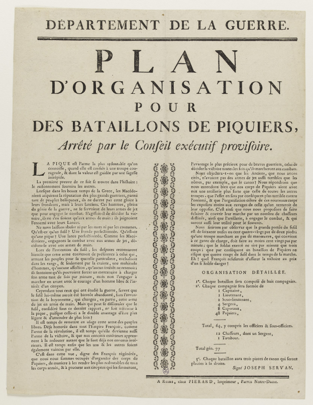 Dokument mit dem Titel "Plan d'Organisation pour des Bataillons de Piquiers, Arrêté par le Conseil Executif Provifoire"