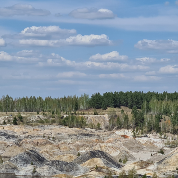 Ein großer Wasserlauf, umgeben von Bäumen und Felsen unter einem bewölkten Himmel im Yellowstone-Nationalpark.