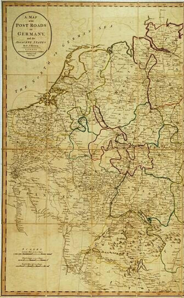Detailierte Karte der deutschen Poststraßen mit beschrifteten Städten, Gemeinden und geografischen Merkmalen.