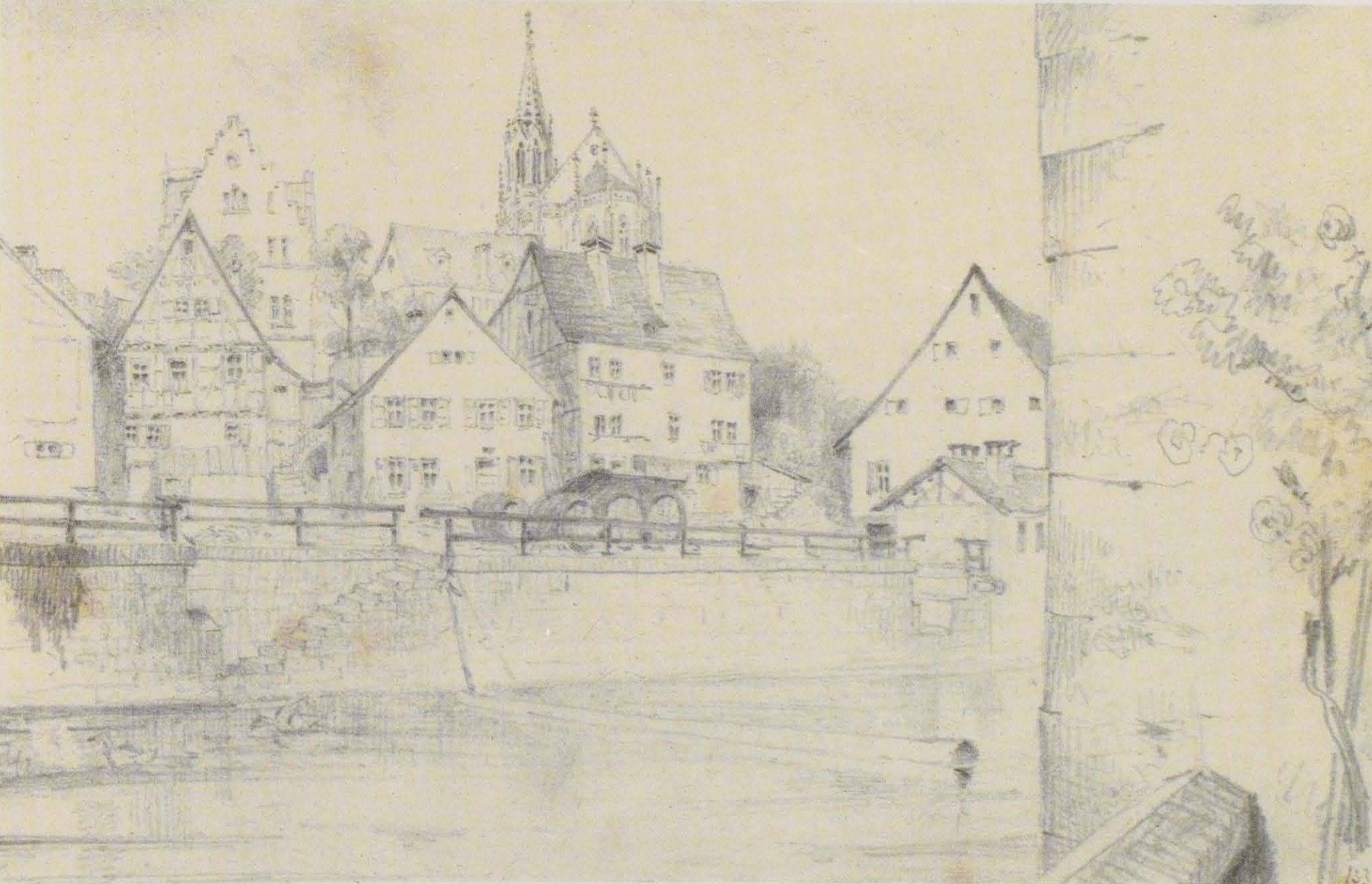 Bleistiftzeichnung mit dem Titel "Nürnberg, Deutschland" von Joseph Mallord William Turner, die eine Stadtansicht mit einem Fluss, Gebäuden, Bäumen und einer Brücke zeigt.