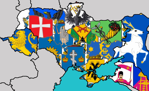 Eine Europa-Karte mit leuchtend bunten Flaggen der Europäischen Union, die Symbole wie einen Löwen, eine Krone und ein Schild zeigen.