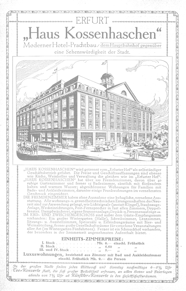 Alte Werbung für ein deutsches Hotel mit einem zweistöckigen weißen Gebäude mit rotem Dach und einem großen Fenster im zweiten Stock, Text in fetter Schrift innerhalb eines dekorativen Rahmens.