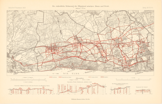Alte Karte von Berlin, Deutschland, mit roten Linien, die eine Bahnroute markieren, auf Papier gedruckt mit Text oben und unten.