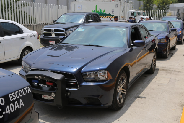 Eine Gruppe von Polizeiwagen nebeneinander auf einem Parkplatz geparkt, mit Menschen im Vordergrund auf der Straße stehend, und einem Zaun, Bäumen, Gebäuden und einem klaren blauen Himmel im Hintergrund.