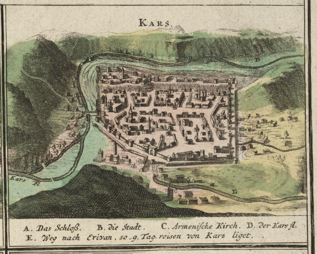 Alte Karte von Karlsruhe, Deutschland, die Gebäude, Bäume, Hügel und einen gewundenen Fluss zeigt, mit Text auf einem Papier unten.
