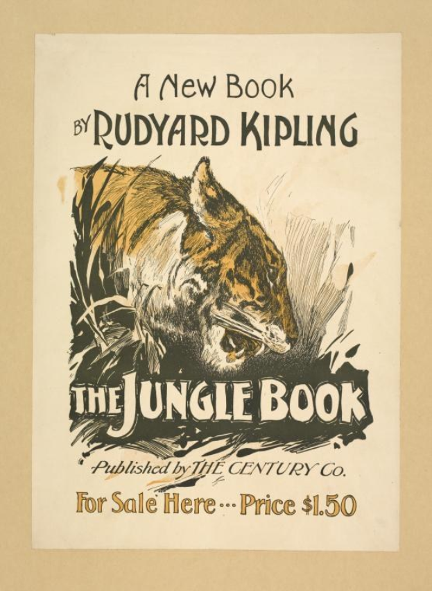 Ein Buch mit dem Titel "Der Dschungelbuch" von Rudyard Kipling, das eine realistische Abbildung eines Tigers auf dem Cover mit fetter schwarzer Schrift für den Titel zeigt.