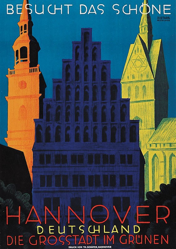 Plakat wirbt für Hannover, Deutschland, mit Bildern von Gebäuden und Bäumen und Text, der Stadtinformationen bereitstellt.
