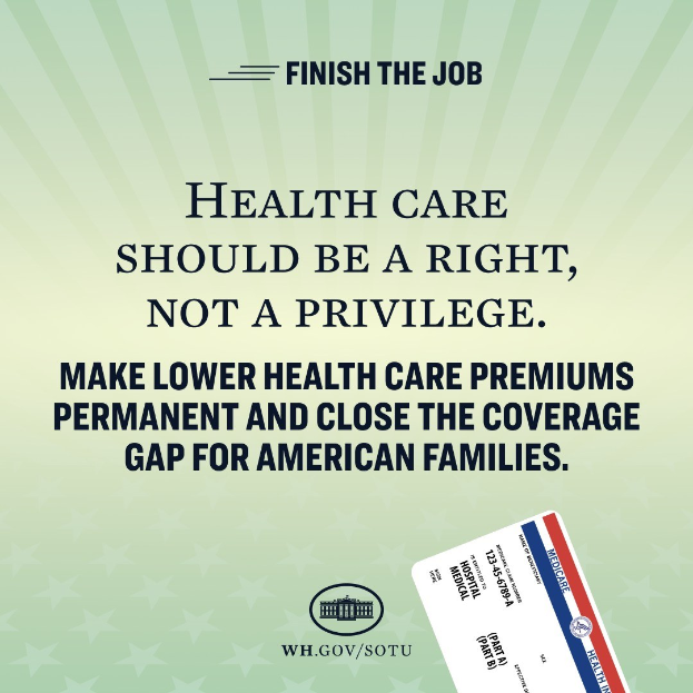 Plakat mit dem Text "Beenden Sie die Arbeit: Gesundheit sollte ein Recht sein, nicht ein Privileg" und einer Karte mit der Aufschrift "Machen Sie niedrigere Gesundheitskosten permanent und schließen Sie die Lücke im Gesundheitsversorgung für amerikanische Familien."