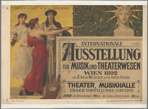 Plakat für die Internationale Ausstellung für Musik und Theaterwesen in Wien, Österreich, das eine Gruppe von Menschen in einem Kreis mit einer Frau, die ein Musikinstrument hält, in der Mitte zeigt und Texte, die eventuelle Details bereitstellen.