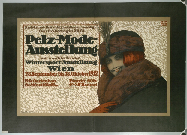 Ein Plakat bewirbt ein Wintersport-Event in Wien, Österreich, mit einer lachenden Frau in einem Pelzmantel und einer Mütze, sowie Event-Details.