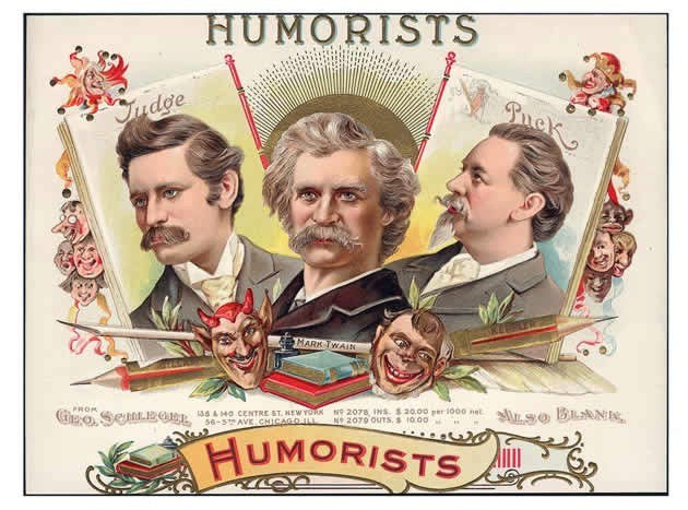 Poster titled "Humorists" featuring three suited men with varied expressions, surrounded by scattered book and object illustrations.