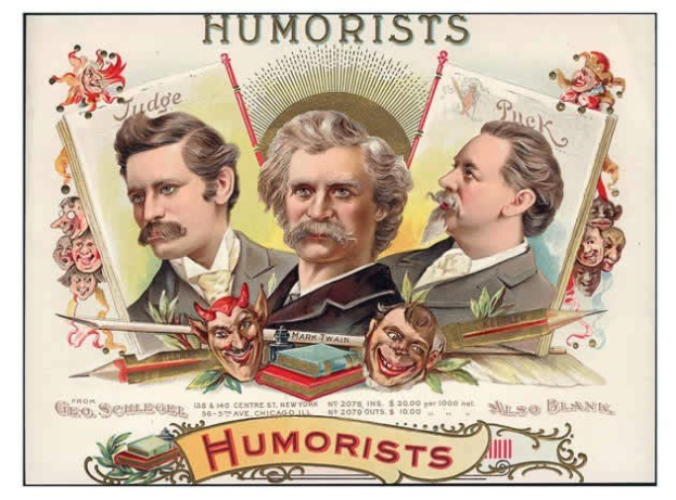 Poster titled "Humorists" featuring three suited men with varied expressions, surrounded by scattered book and object illustrations.