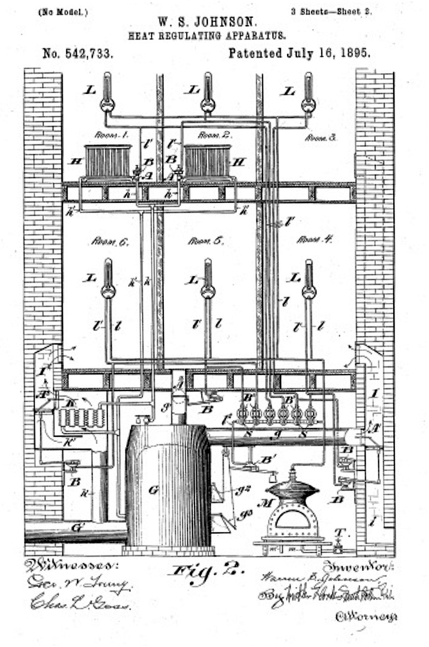 Ein detailliertes technisches Zeichnung aus dem Jahr 1885 einer Heizungsregelungsmaschine mit zahlreichen Rohren und Ventilen, begleitet von erklärendem Text.