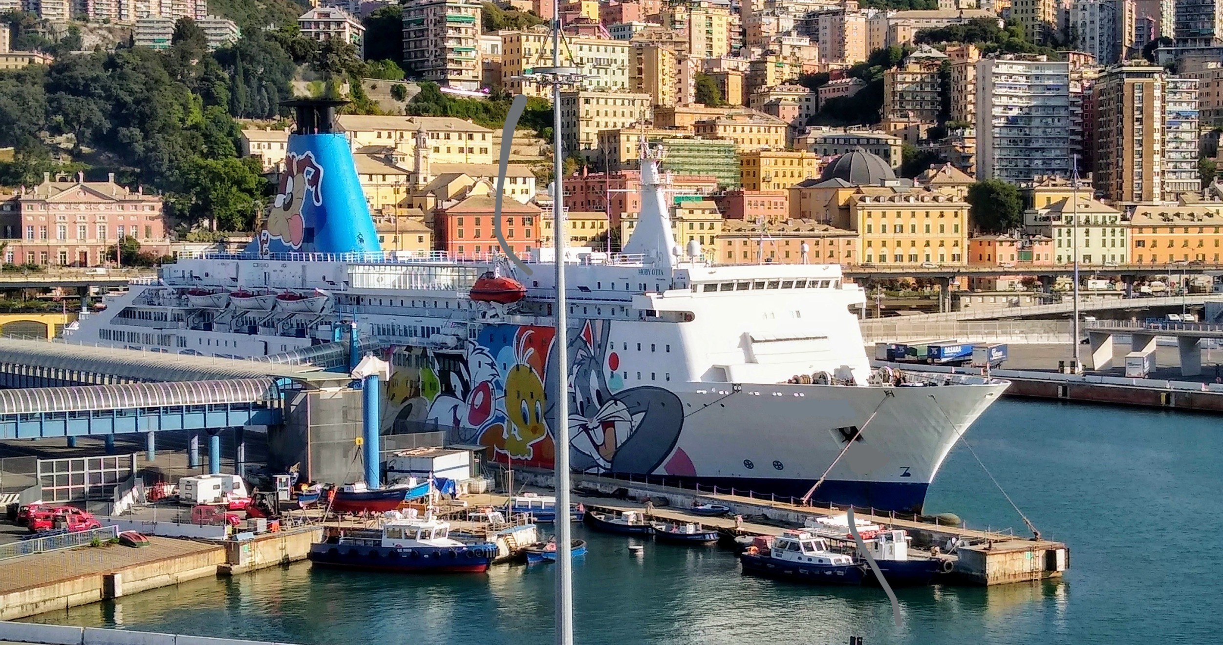 Großes Kreuzfahrtschiff in der Nähe einer Stadt mit einer Brücke auf der linken Seite, Fahrzeugen auf der Straße und Gebäuden und Bäumen im Hintergrund.