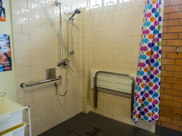 Ein barrierefreies Badezimmer mit einer Dusche mit Haltegriffen, einem Vorhang, einer Wand mit Postern, einem Ständer mit Tablett und einem Fenster.