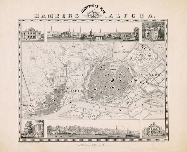 Detailiertes altes Stadtplan von Hamburg, Altona, mit Gebäuden, Bäumen, Text, Straßen, Parks und Sehenswürdigkeiten.