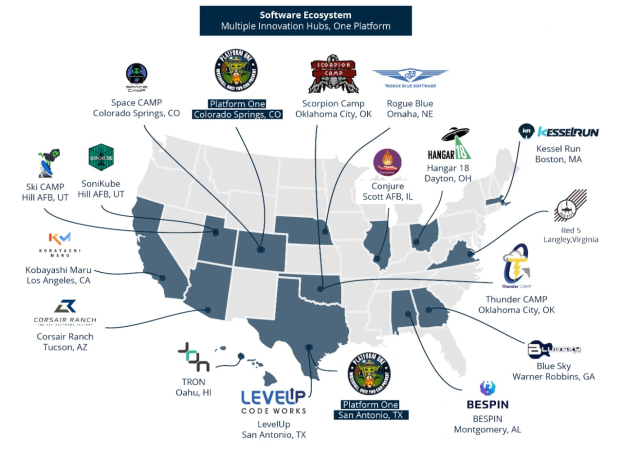Eine Karte der Vereinigten Staaten, auf der Unternehmenslogos und Text die Standorte des Software-Ökosystems angeben.