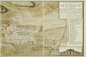 Ein detaillierter alter Stadtplan von Baden-Württemberg, Deutschland, der Straßen, Gebäude und Sehenswürdigkeiten zeigt, mit einem hervorgehobenen Gebäude in der rechten unteren Ecke und Text, der Stadtinformationen bereitstellt.