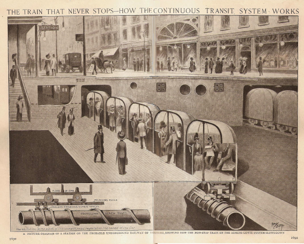Ein Blatt mit Bildern von Menschen, Zügen und anderen Gegenständen neben einem Text mit der Überschrift "Der Zug, der nie aufhört - wie das kontinuierliche Transportsystem funktioniert."