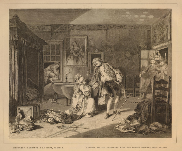 Eine Zeichnung von einem Mann und einer Frau in einem Raum mit einem Bett, einer Wanne, einem Stuhl, einem Tisch, einem Vorhang, einem Fenster und einem Foto auf dem Wand, betitelt mit 'Hocaine's marriage a la mode, plate v'.