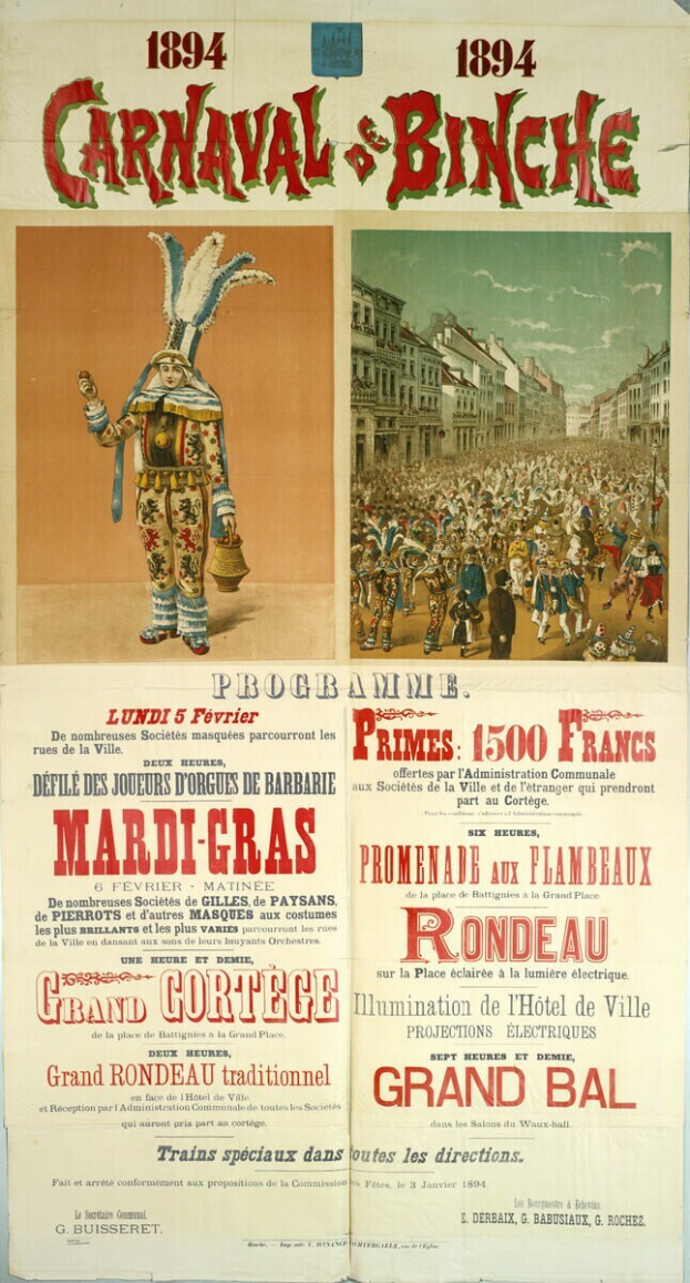 Ein altes Plakat, das einen Karneval in Banche, Frankreich, ankündigt und Bilder von Menschen, Gebäuden und Text enthält.
