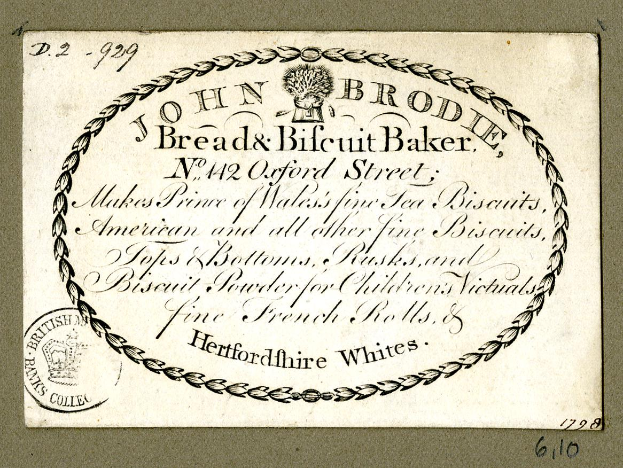 Eine alte Visitenkarte mit John Brodie Bread & Biscuit Baker, auf der die Angebote der Bäckerei beschrieben sind.