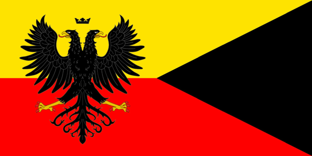 Die Flagge Deutschlands mit einem schwarzen Doppeladler in der Mitte, Flügel gespreizt und Kopf erhoben.