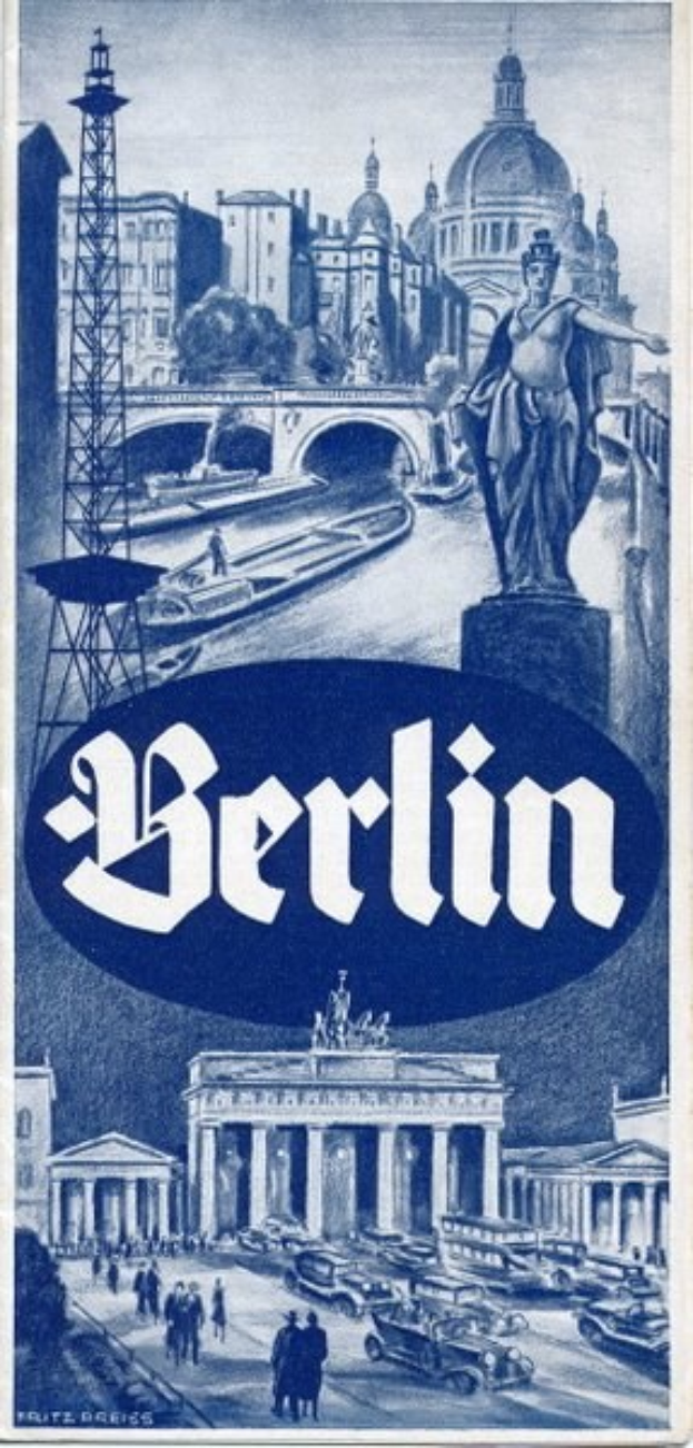Plakat, das Berlin, Deutschland bewirbt und eine Statue, Gebäude, einen Turm, Menschen, Fahrzeuge auf der Straße und eine Brücke zeigt, mit Text, der Informationen zur Stadt enthält.