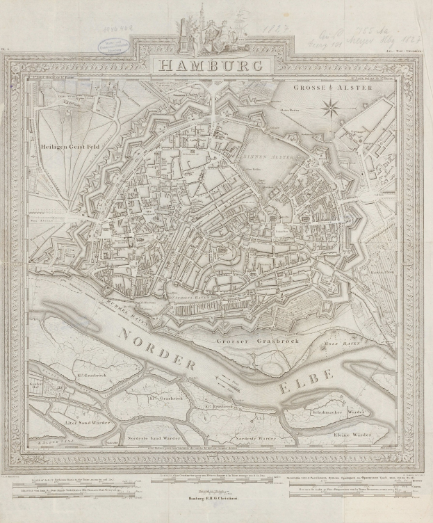 Ein altes Stadtplan von Hamburg, Deutschland, auf Papier gedruckt, zeigt die Straßen und Sehenswürdigkeiten der Stadt.