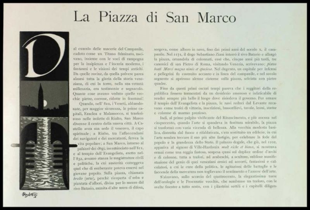Ein Blatt mit Text in einer klassischen Schriftart und einer Abbildung der Piazza San Marco in Venedig, das die Pracht und Geschichte der Stadt mit leuchtenden Farben und detaillierten Elementen hervorhebt.