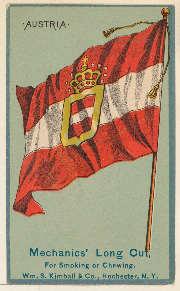 Plakat mit Österreichs Flagge mit einem weißen Kreuz und Stern und Text 'Österreich - Mechaniker Langschnitte zum Rauchen oder Kauen' in fetter schwarzer Schrift innerhalb eines weißen Randes.