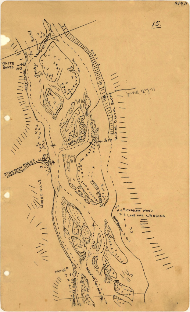 Alte detaillierte Stadtkarte auf altem Papier mit handgeschriebenen Texten, die Straßen, Gebäude, Parks und Sehenswürdigkeiten benennen.