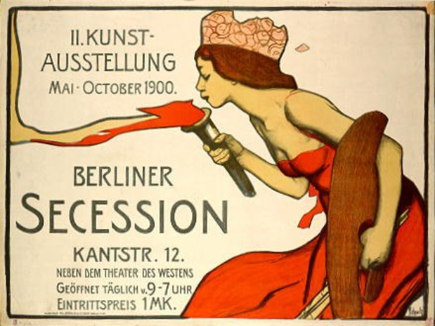 Plakat aus dem Jahr 1900, das eine Berliner Sezession ankündigt und eine Frau in rotem Kleid zeigt, die ein Objekt hält, sowie Text mit Veranstaltungseinzelheiten.