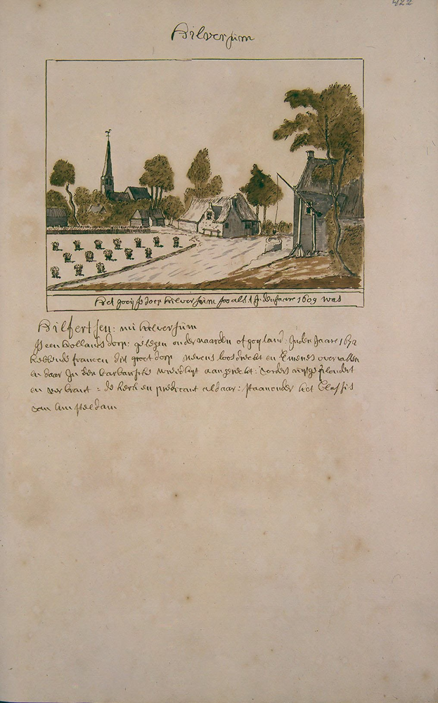 Ein aufgeschlagenes Buch mit einer detaillierten Illustration einer idyllischen Dorfszene, einschließlich grüner Bäume, kleiner Häuser mit Fenstern und einem Schornstein, verschiedener Pflanzen und eleganten Kursivtext.