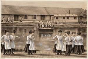 Eine Gruppe von Frauen steht zusammen nahe einem Gewässer, eine hält eine Angelrute, mit Häusern, Bäumen und Gras im Hintergrund und Text unten im Bild.