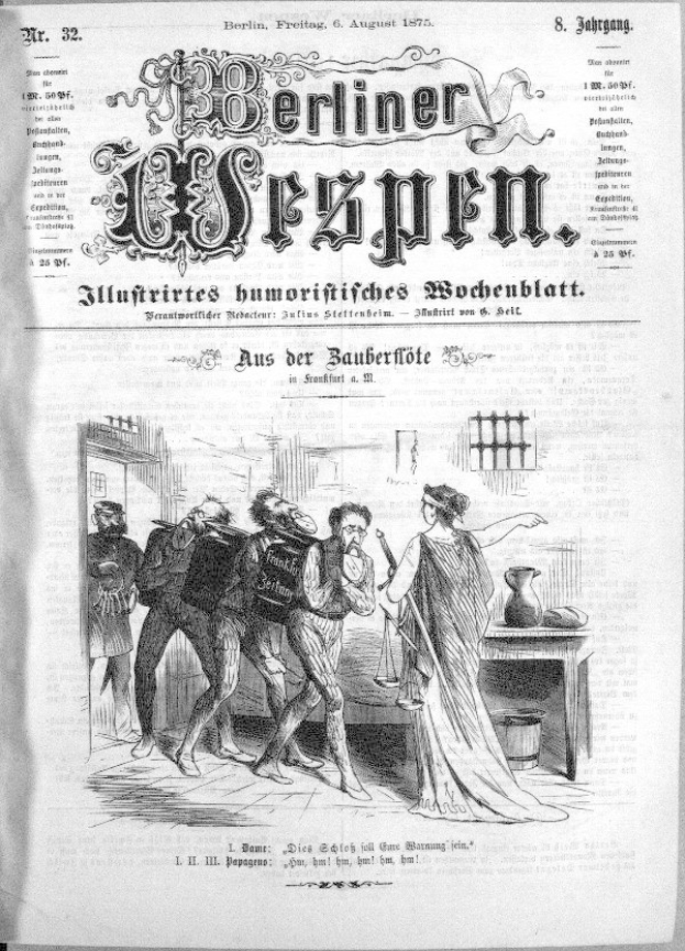 Altes Schwarz-Weiß-Zeitungsblatt 'Berliner Wespen, August 6, 1875' mit einer Gruppe von Menschen in Not, einige schauen ängstlich nach oben und andere verwirrt nach unten.