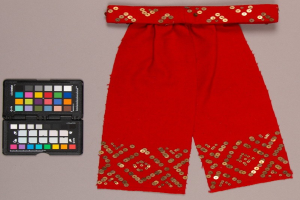 Rote Hosen mit goldenen Pailletten und eine schwarze Lidschattenpalette daneben.