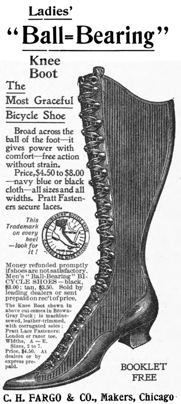 Anzeige für Damenstiefel mit Kugelgelenken mit einem zentralen Bild des Stiefels und umgebenem Text.