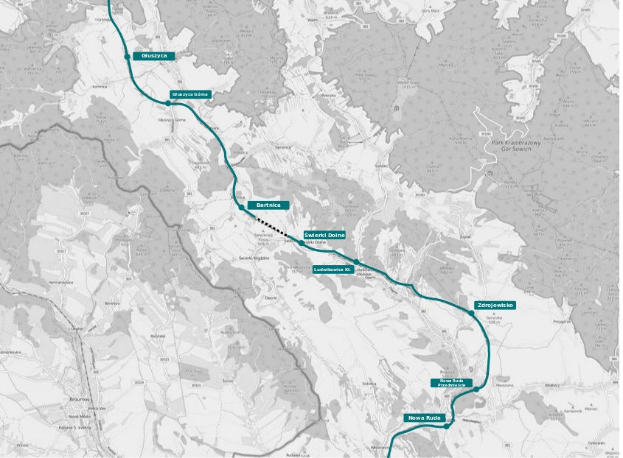 Eine Stadtkarte mit einer blauen Linie, die eine Radwegroute markiert, einschließlich Start- und Endpunkten.