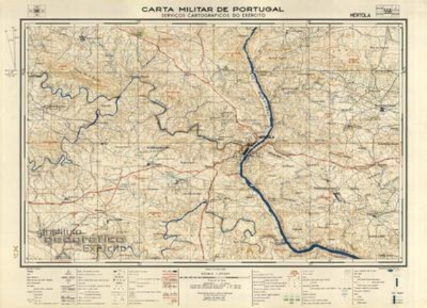 Detailierte Karte von Portugal aus der Carta Militar, die Straßen, Flüsse und geografische Merkmale zeigt, mit Text oben und unten.