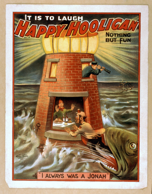 Ein Plakat mit einem Leuchtturm in der Mitte, umgeben von Menschen, einem Fisch und Wasser, mit der Aufschrift "Es ist zum Lachen, glücklicher Rowdy, nichts als Spaß" oben und unten.