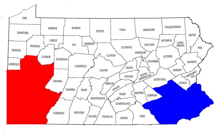 Eine Karte von Pennsylvania, die die Ergebnisse der Wahl auf Landkreisebene zeigt, mit Landkreisen in Rot und Blau hervorgehoben und beschriftet mit "Pennsylvania Wahl-Ergebnisse".