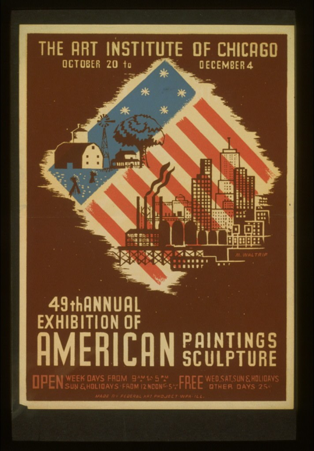 Plakat für die 49. Jahresausstellung amerikanischer Malerei und Skulptur des Art Institute of Chicago, mit Text und ausstellungsbezogenen Bildern.