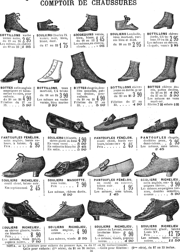 Eine Buchseite mit verschiedenen Frauenschuhen in einzigartigen Designs, Preisschildern und Informationen zur Größe, Form und Farbe, ordentlich angeordnet.
