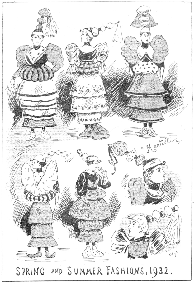 Fashion-Illustration von Frauen in 1932 Frühling- und Sommerkleidern mit begleitendem beschreibendem Text.