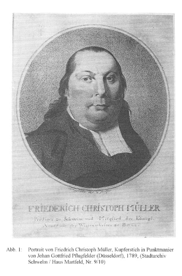 Schwarzes und weißes Porträt von Friedrich Christoph Müller mit ernstem Gesichtsausdruck und deutschem Text unten.