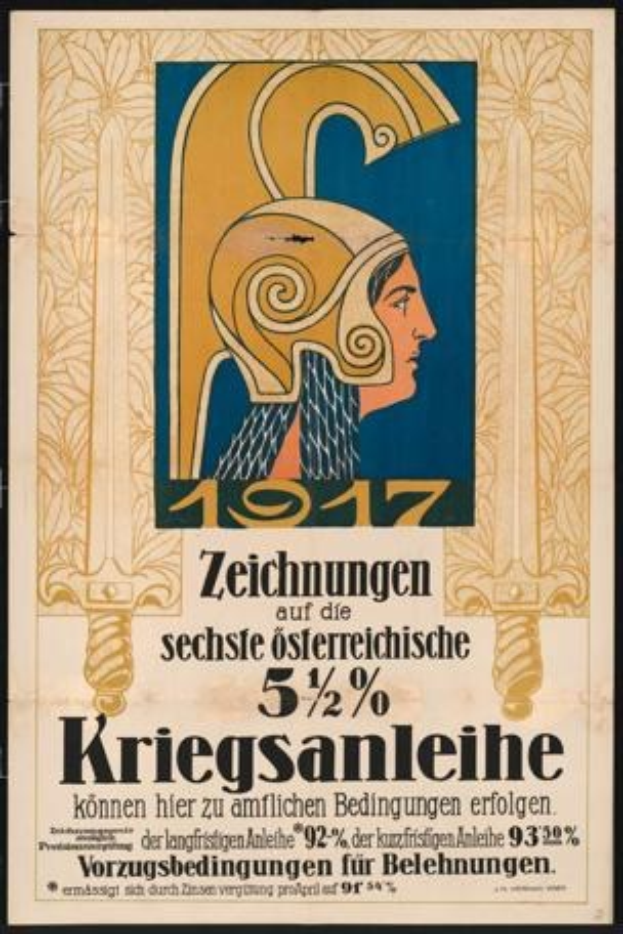 Plakatankündigung für ein 1917er Konzert in Berlin, Deutschland mit einer Frau in einem Helm, die ein Schwert hält