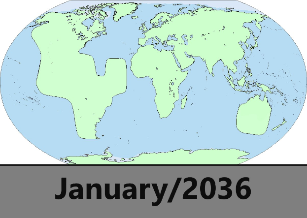 Blauer und grüner Globus mit der Aufschrift "Januar 2036" auf einem weißen Hintergrund.
